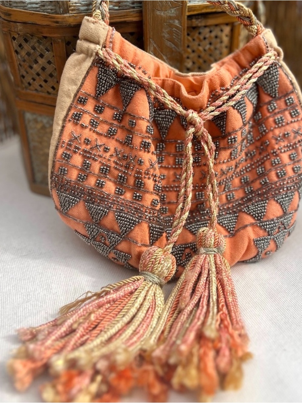 Vintage Japanese Beaded Drawstring Bag | Boho Festival Crossbody | Tassel Purse